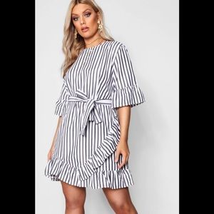 Boohoo Plus Stripe Ruffle Wrap Dress